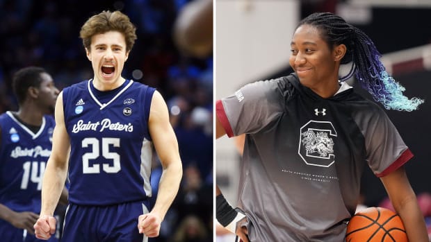 Doug Edert and Aliyah Boston smile in side-by-side photos